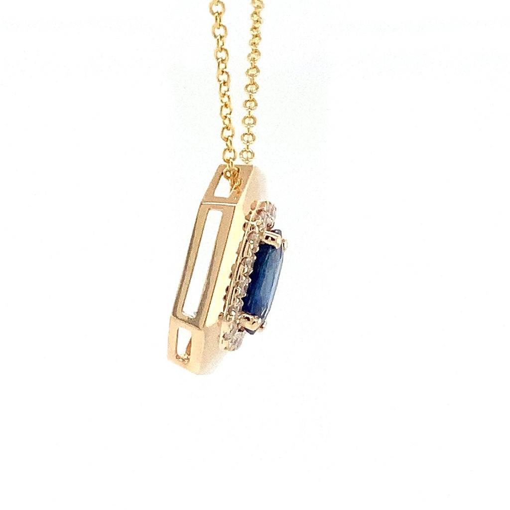 David Kord Oval Shape Sapphire and Diamond Halo style Pendant set in 18K Yellow Gold - Image 5 of 7