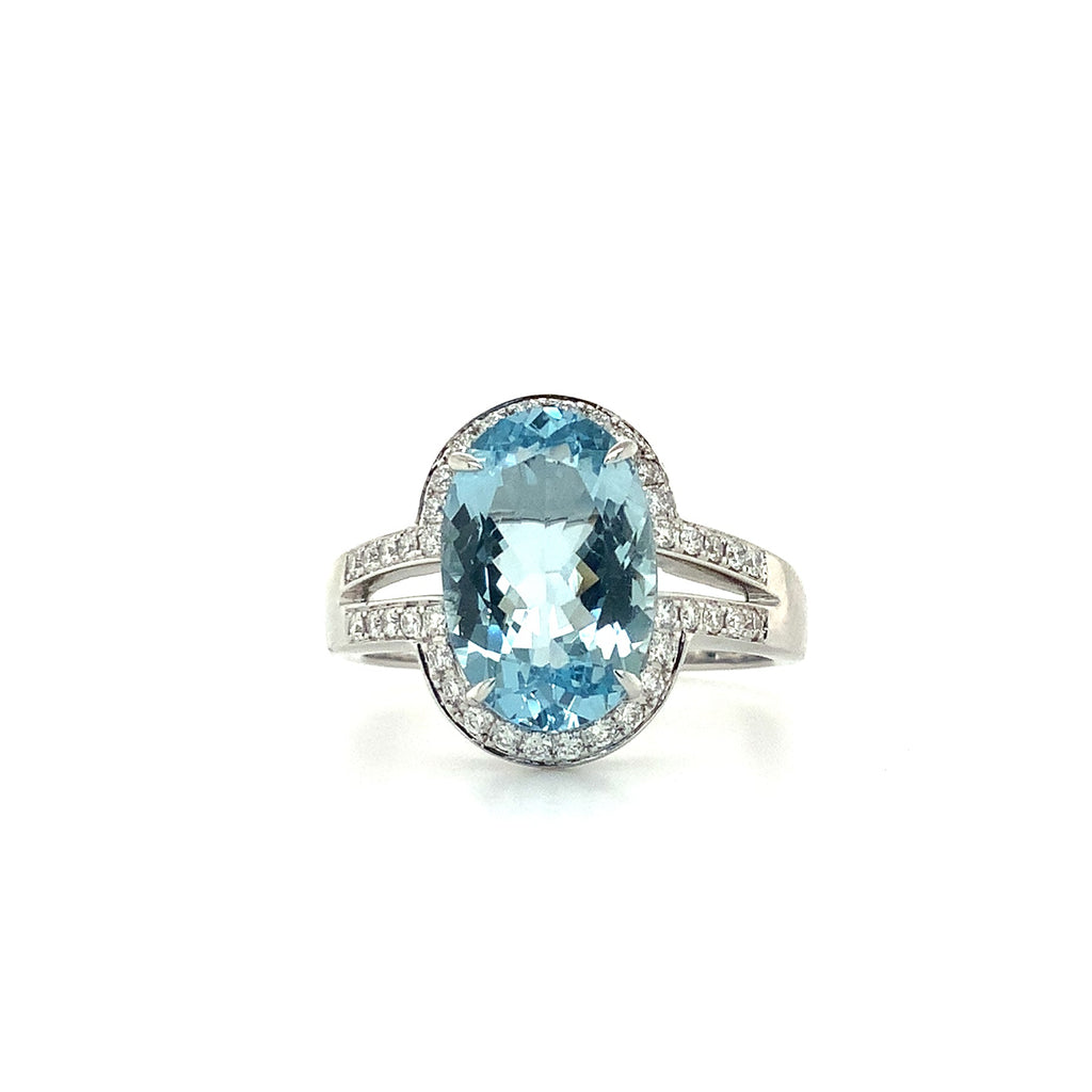 ASBA Collection Gem Quality Aquamarine and Diamond Halo Split Shank Ring 14 kt White Gold - Image 11 of 11