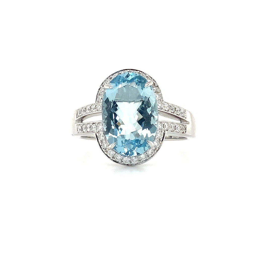 ASBA Collection Gem Quality Aquamarine and Diamond Halo Split Shank Ring 14 kt White Gold - Image 1 of 11