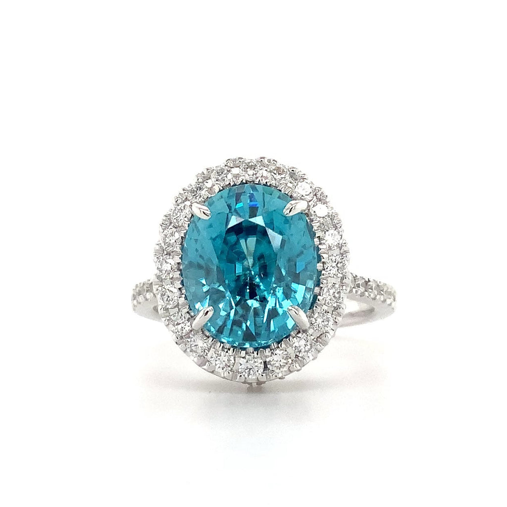 Gem Quality Halo Style Blue Zircon and Diamond Ring set in 14K White Gold - Image 1 of 10