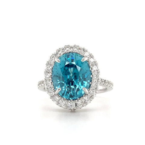 Gem Quality Halo Style Blue Zircon and Diamond Ring set in 14K White Gold - Image 1 of 10