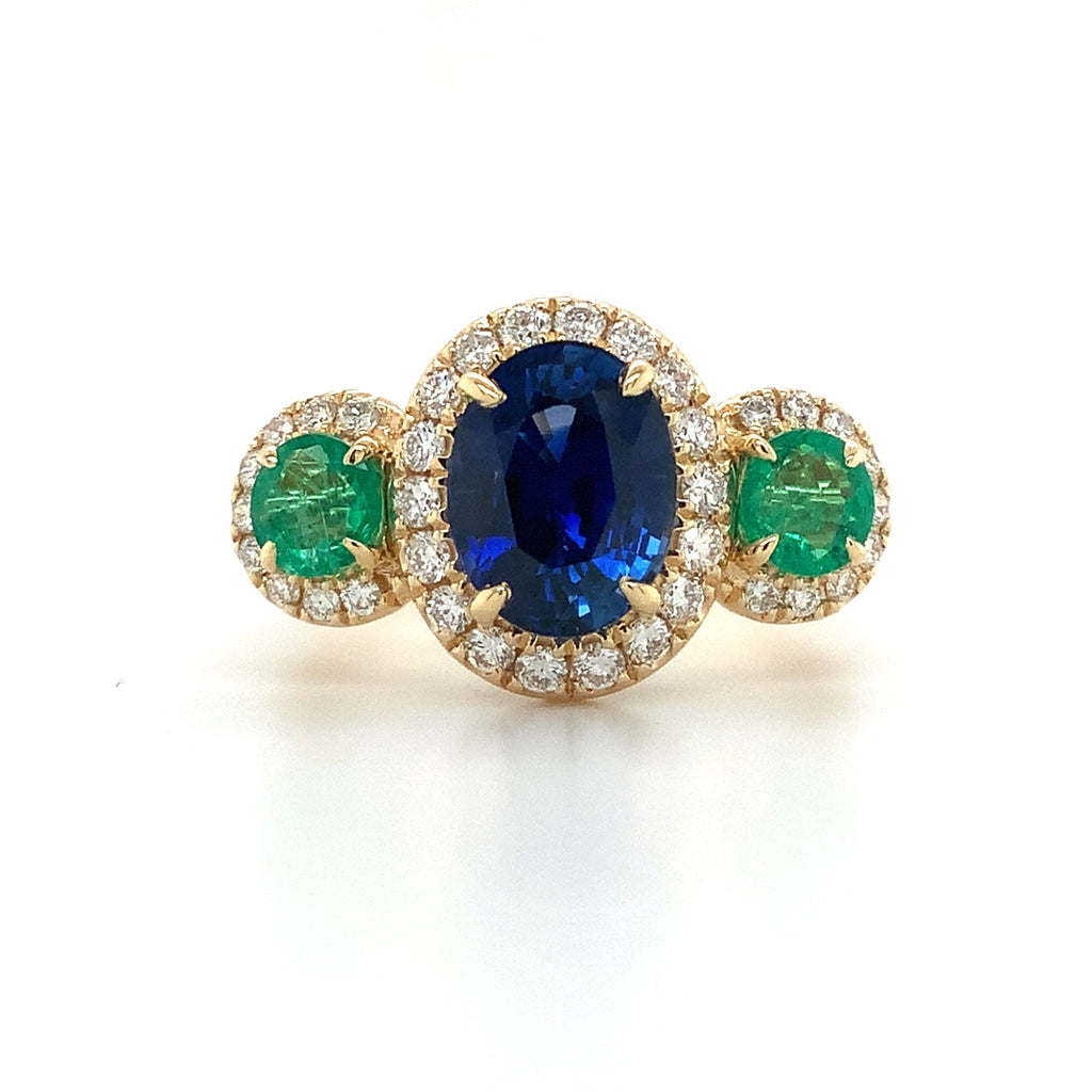 Gem Quality Three Stone Sapphire,Emerald and Diamond Ring set in 18K Yellow Gold - Image 1 of 8