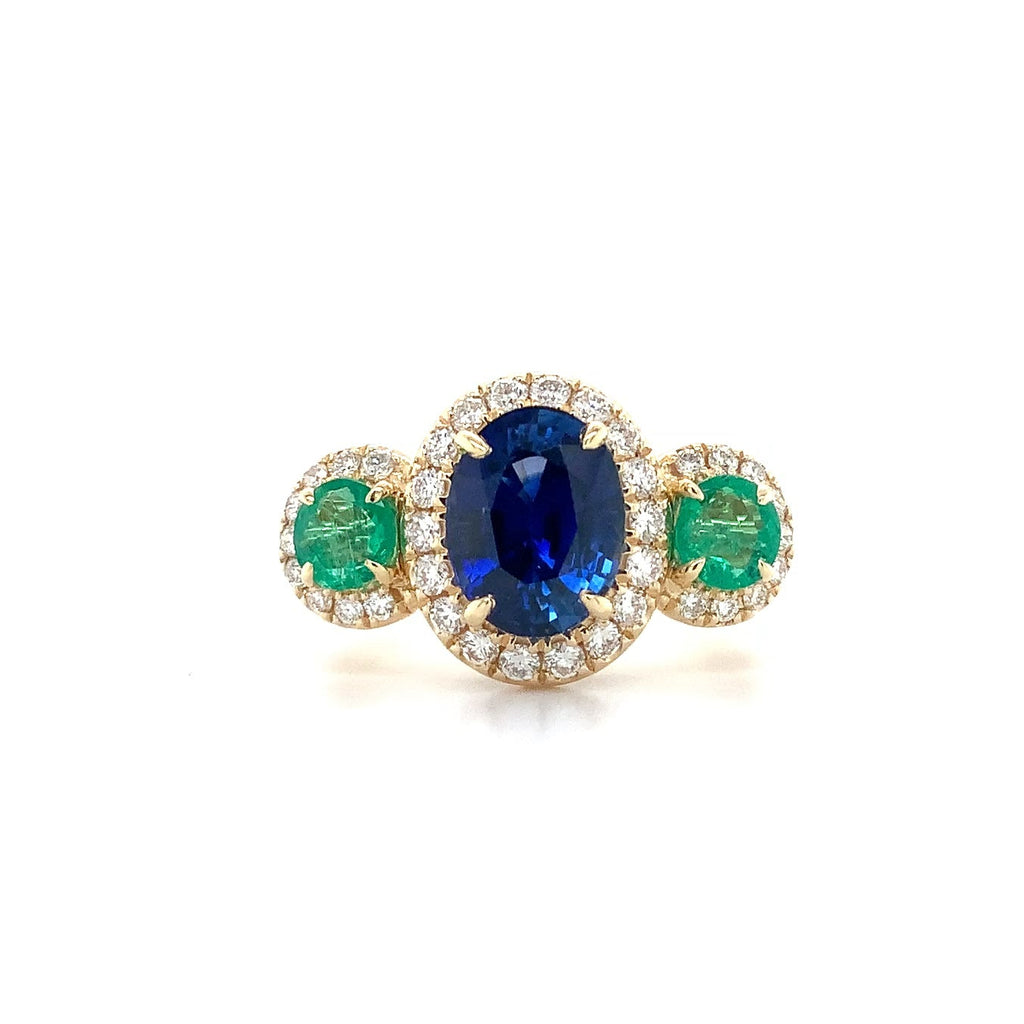 Gem Quality Three Stone Sapphire,Emerald and Diamond Ring set in 18K Yellow Gold - Image 6 of 8