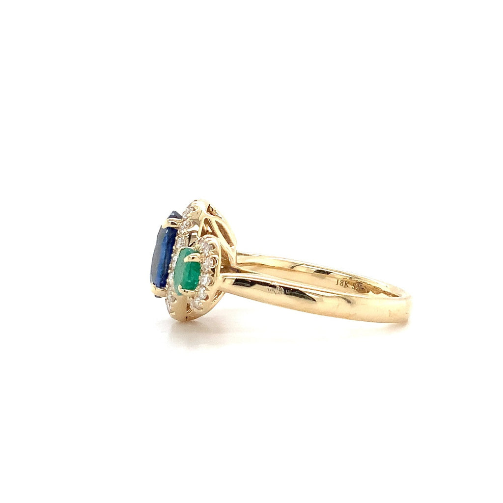 Gem Quality Three Stone Sapphire,Emerald and Diamond Ring set in 18K Yellow Gold - Image 7 of 8