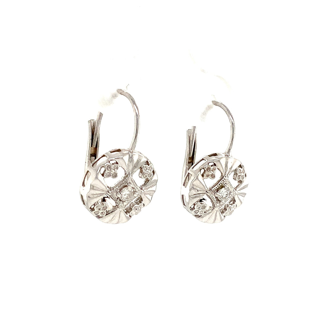 Lever back Filigree Diamond Earrings in 14K White Gold - Image 5 of 6