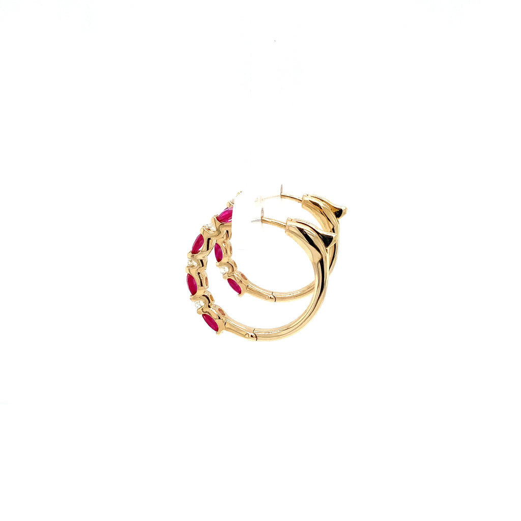 Roman + Jules Fine Quality Oval Shape Rubies and Diamond Hoop Earrings in 14K Yellow Gold. - Image 4 of 5