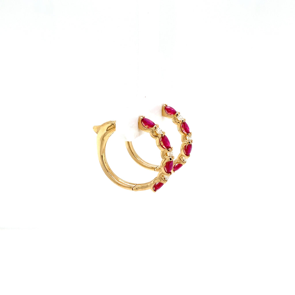 Roman + Jules Fine Quality Oval Shape Rubies and Diamond Hoop Earrings in 14K Yellow Gold. - Image 1 of 5