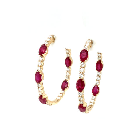 Roman + Jules Fine Quality Oval Shape Rubies and Diamond Hoop Earrings in 14K Yellow Gold. - Image 1 of 5