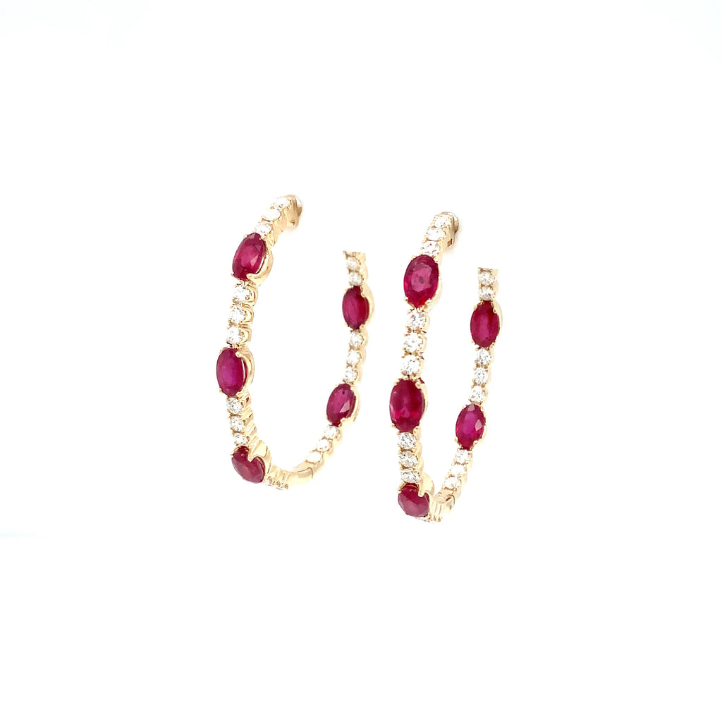 Roman + Jules Fine Quality Oval Shape Rubies and Diamond Hoop Earrings in 14K Yellow Gold. - Image 3 of 5
