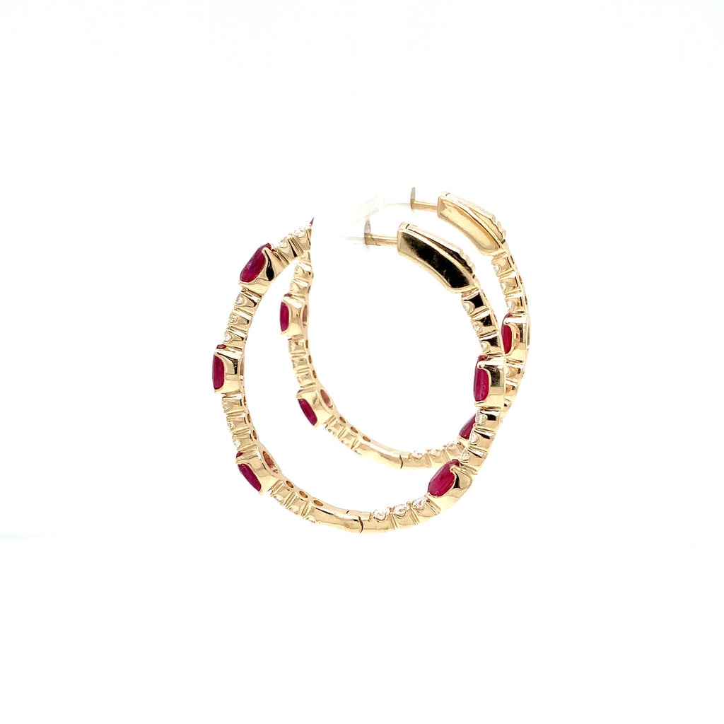 Roman + Jules Fine Quality Oval Shape Rubies and Diamond Hoop Earrings in 14K Yellow Gold. - Image 4 of 5