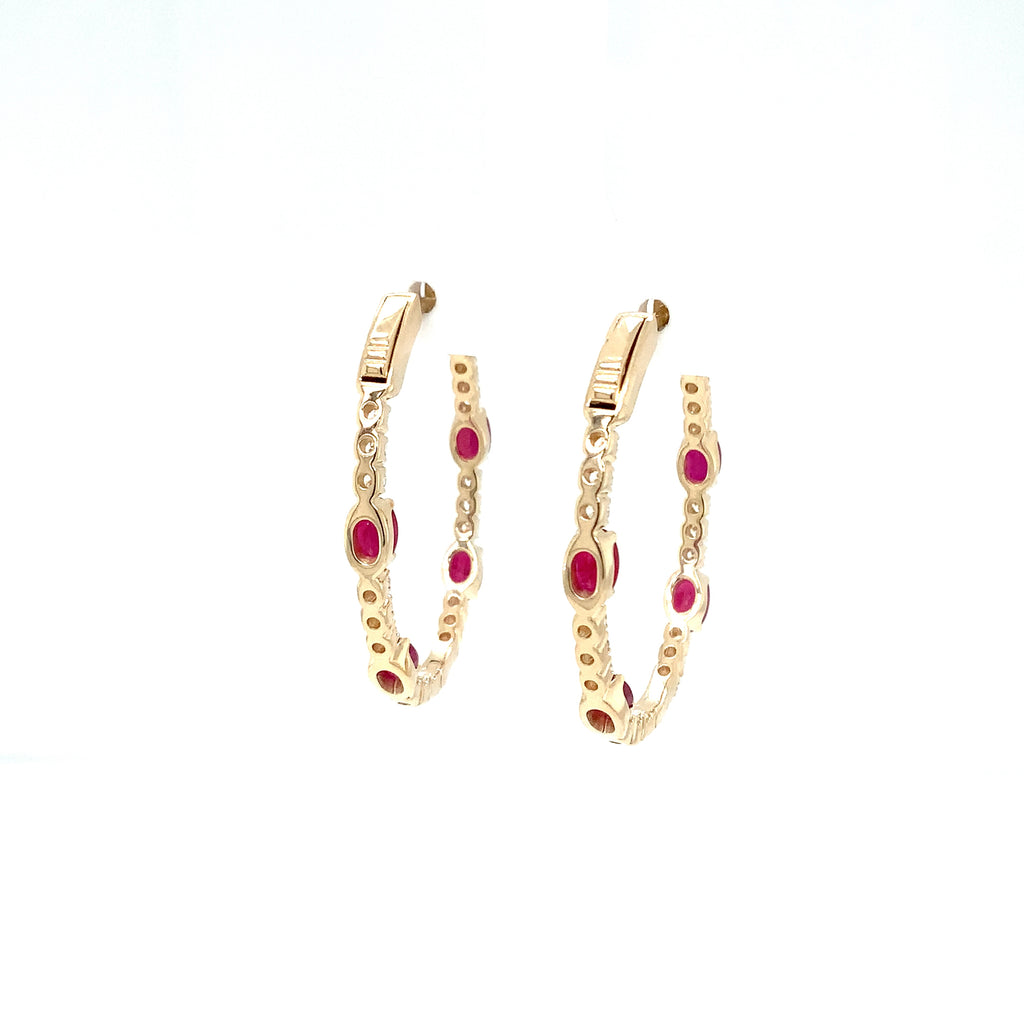 Roman + Jules Fine Quality Oval Shape Rubies and Diamond Hoop Earrings in 14K Yellow Gold. - Image 5 of 5