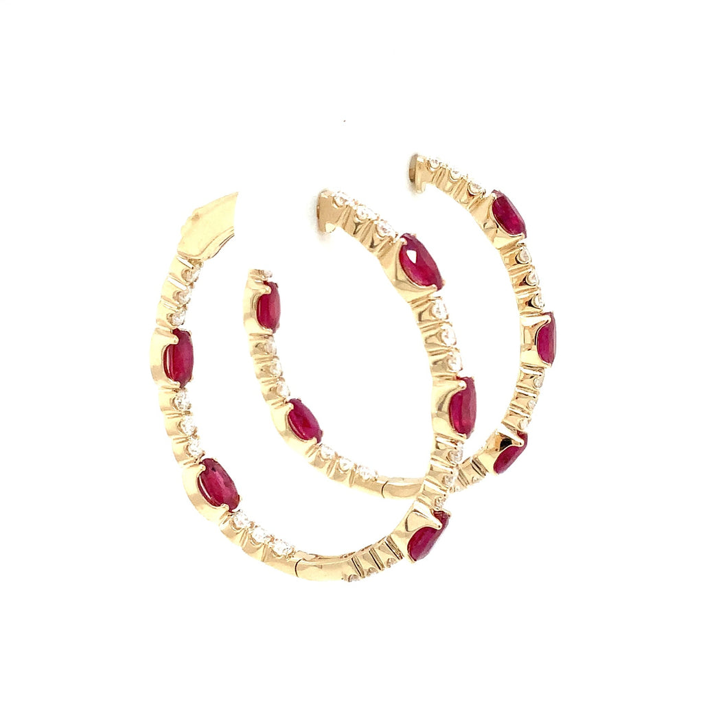 Roman + Jules Fine Quality Oval Shape Rubies and Diamond Hoop Earrings in 14K Yellow Gold. - Image 2 of 5