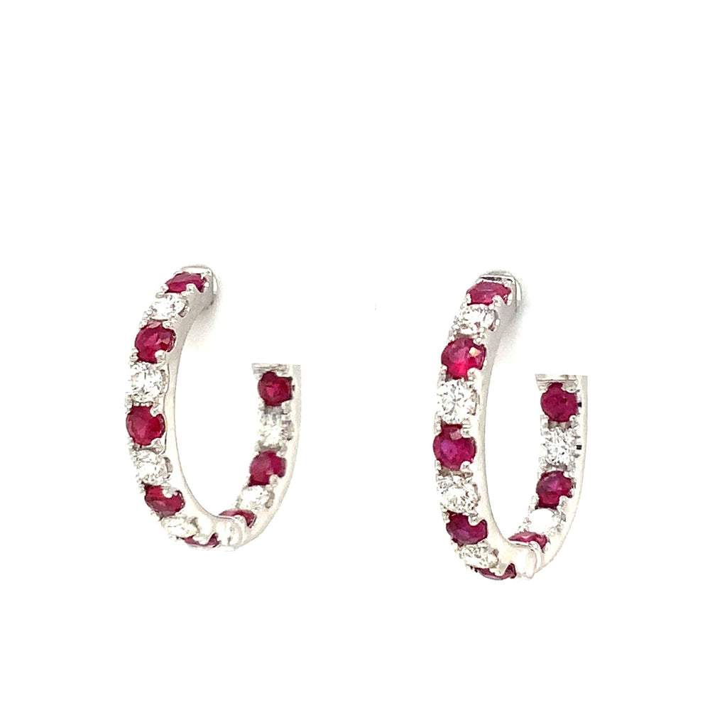 Roman + Jules Ruby and Diamond Inside and Outside Hoop Earrings 14K White Gold. - Image 1 of 6