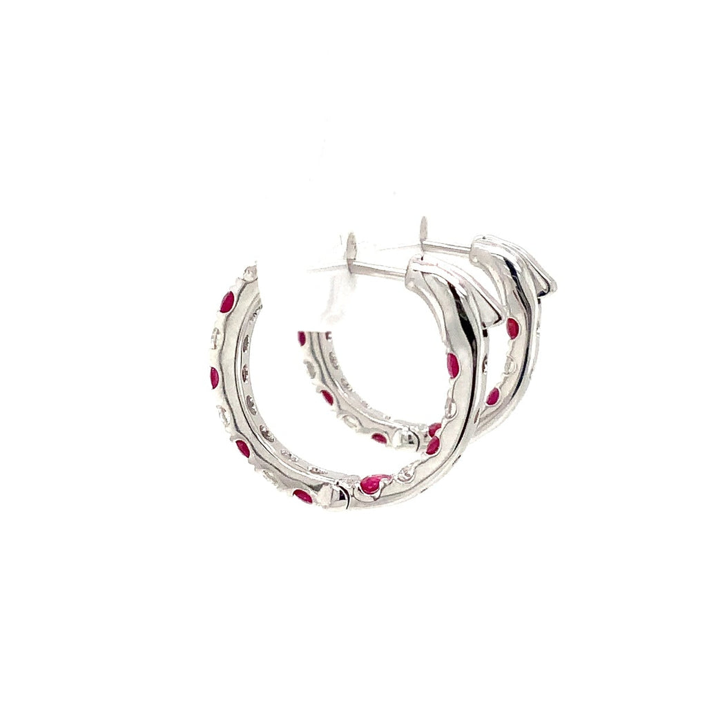 Roman + Jules Ruby and Diamond Inside and Outside Hoop Earrings 14K White Gold. - Image 3 of 6