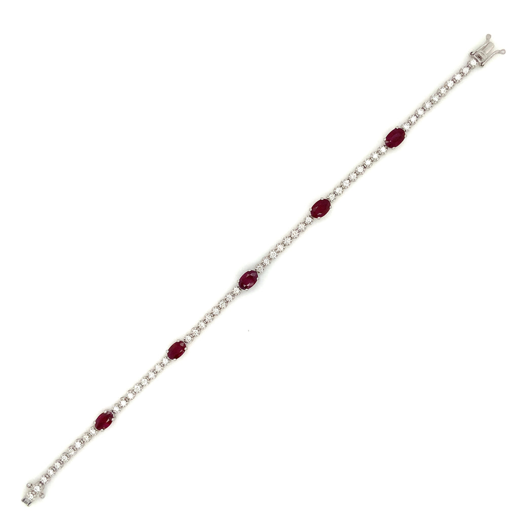 Roman + Jules Oval Shape Natural Ruby and Diamond Straight Line Bracelet Set in 14K White Gold. - Image 4 of 5