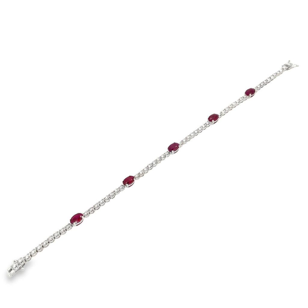 Roman + Jules Oval Shape Natural Ruby and Diamond Straight Line Bracelet Set in 14K White Gold. - Image 1 of 5