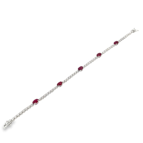 Roman + Jules Oval Shape Natural Ruby and Diamond Straight Line Bracelet Set in 14K White Gold. - Image 1 of 5