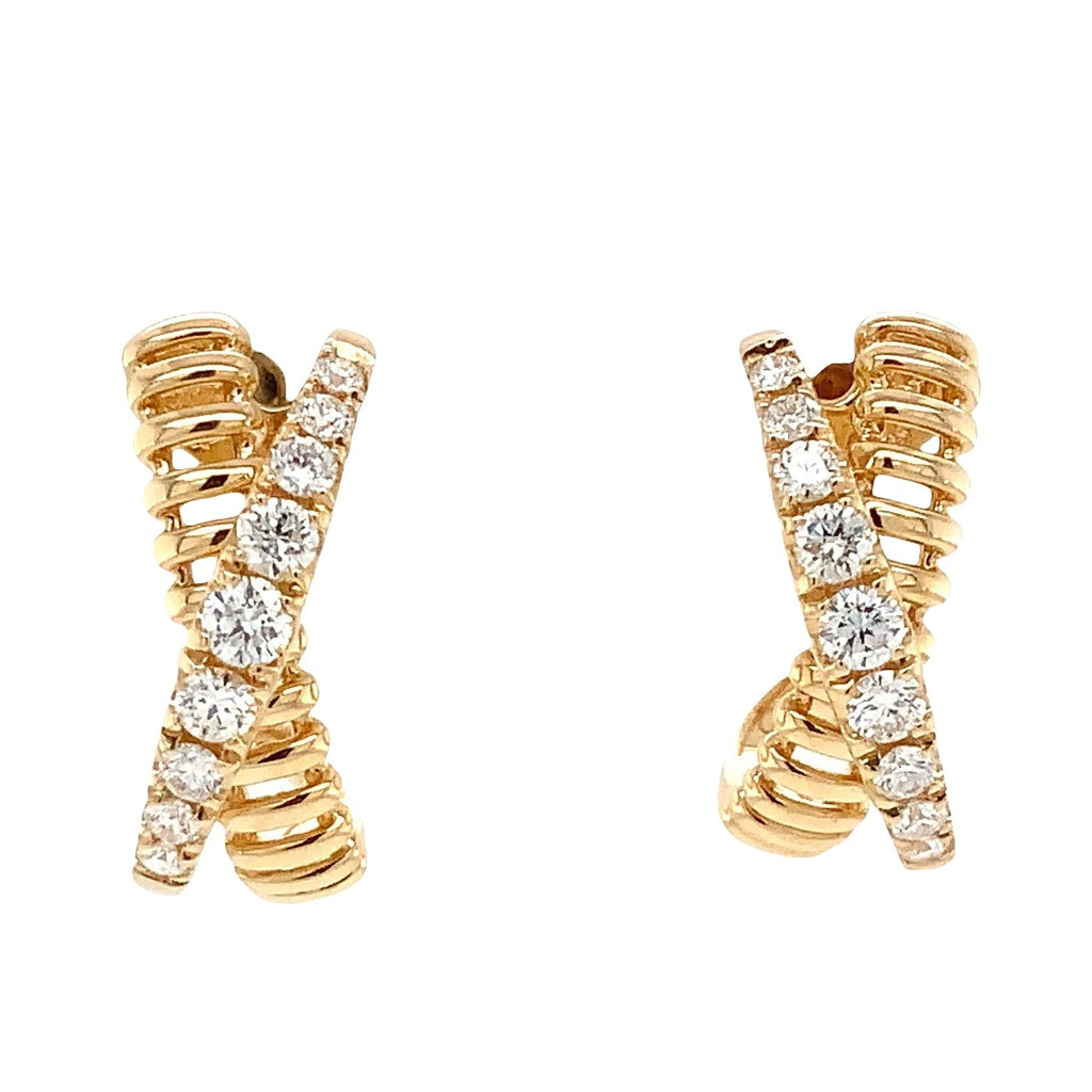 Afarin Collection Diamond Criss-Cross  "J" Hoop  Earrings set in 18K Yellow Gold - Image 1 of 6