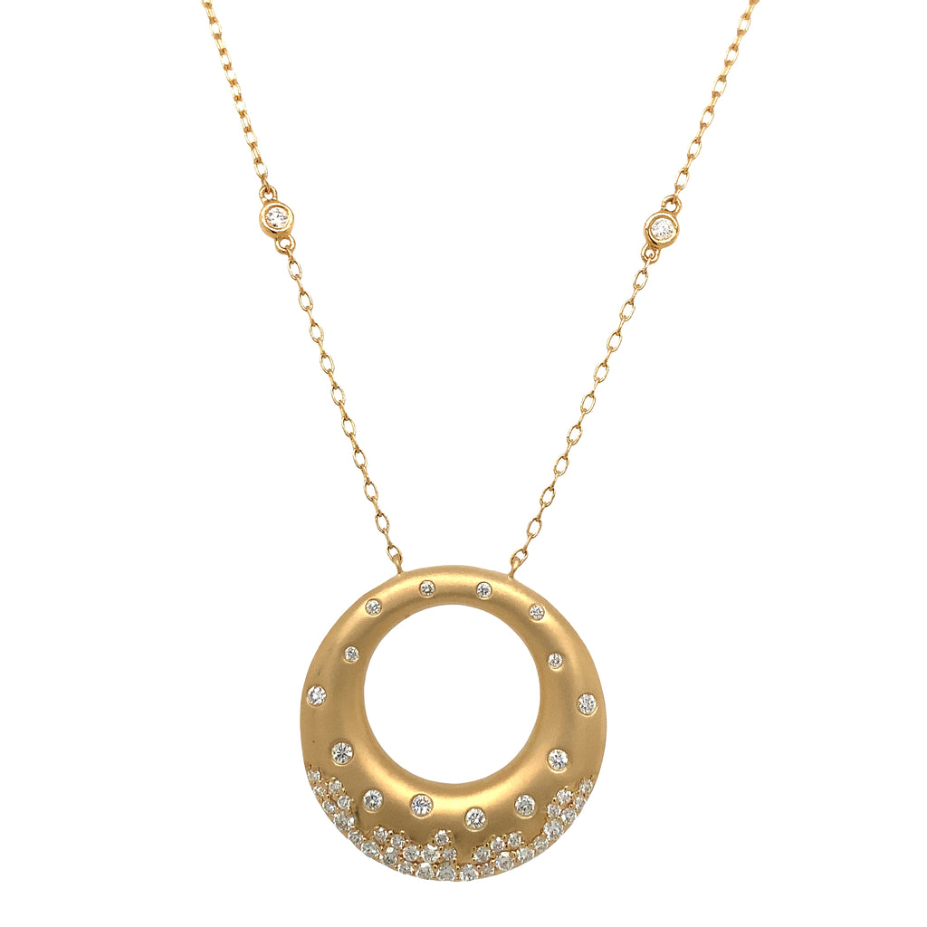 Afarin Collection Matte Circle Pendant Necklace with Scattered Diamonds set in 18K Yellow Gold - Image 8 of 9
