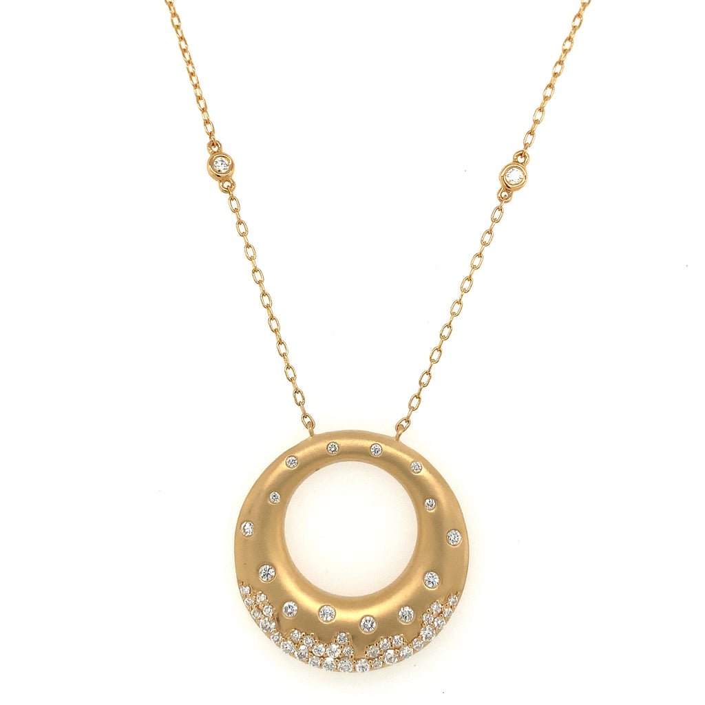 Afarin Collection Matte Circle Pendant Necklace with Scattered Diamonds set in 18K Yellow Gold - Image 9 of 9