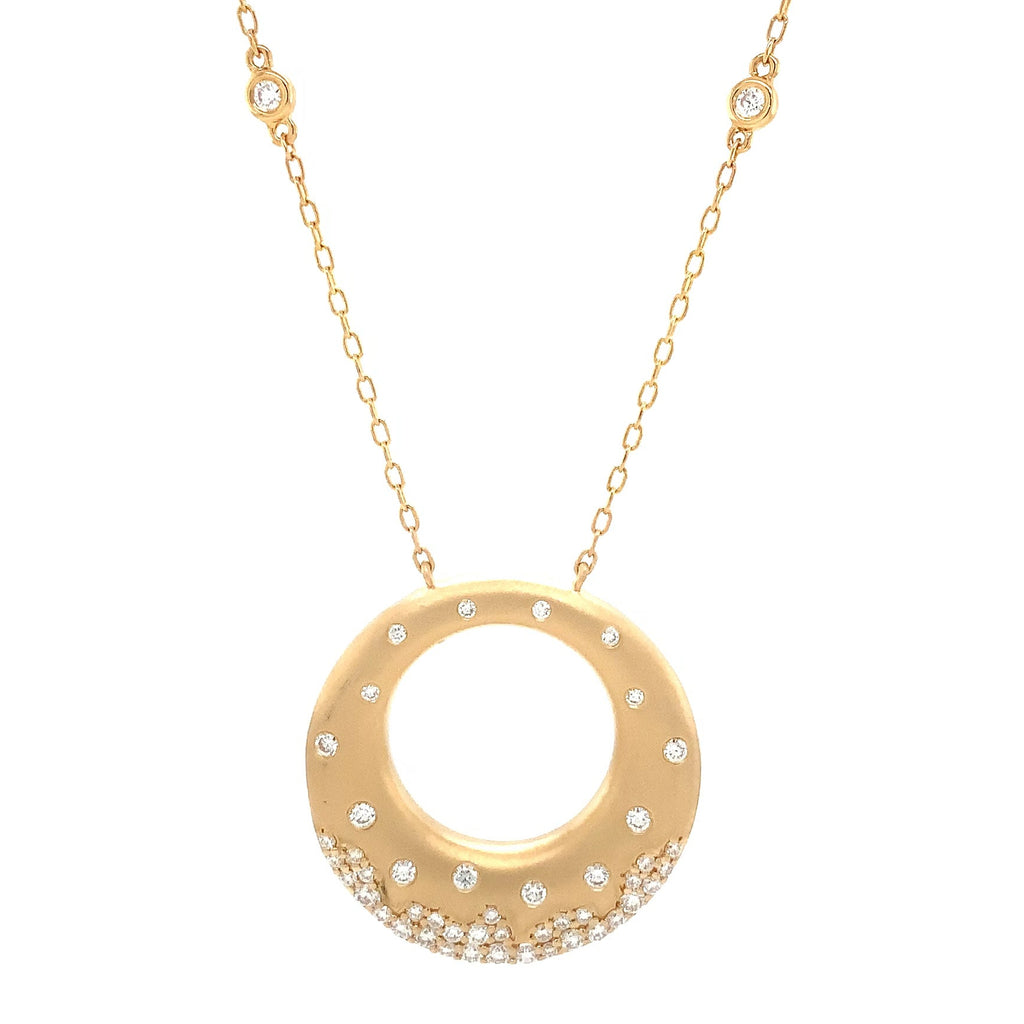 Afarin Collection Matte Circle Pendant Necklace with Scattered Diamonds set in 18K Yellow Gold - Image 1 of 9