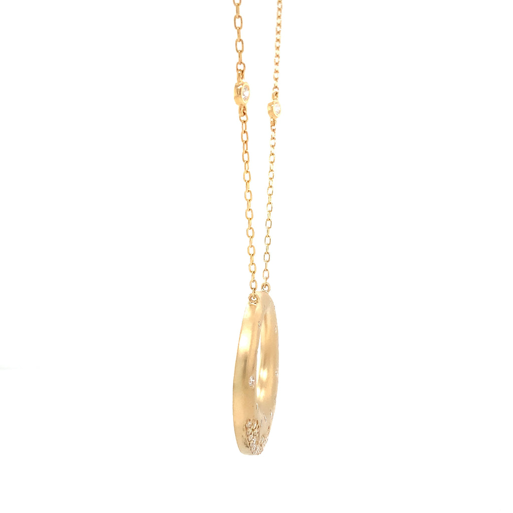 Afarin Collection Matte Circle Pendant Necklace with Scattered Diamonds set in 18K Yellow Gold - Image 5 of 9