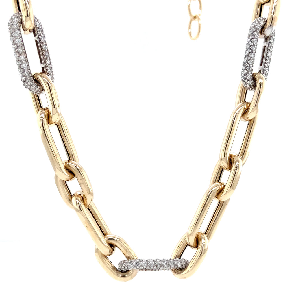 Paperclip Chain Link With Pave Diamond Set in 14K Yellow Gold Necklace - Image 2 of 11