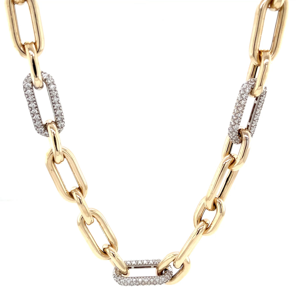 Paperclip Chain Link With Pave Diamond Set in 14K Yellow Gold Necklace - Image 3 of 11