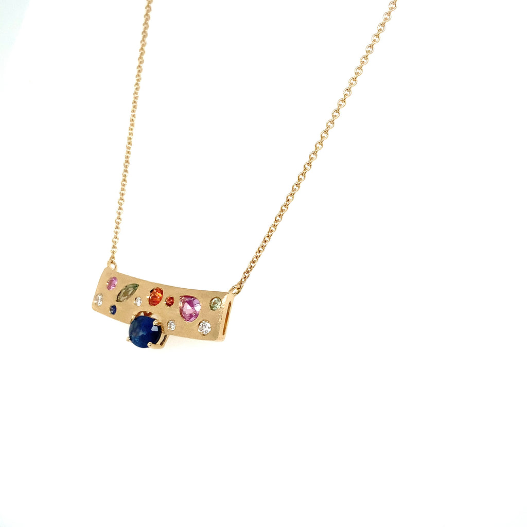 Roman & Jules  Geometric Bar Necklace with Multi Color Sapphire in 14K Yellow Gold - Image 7 of 9