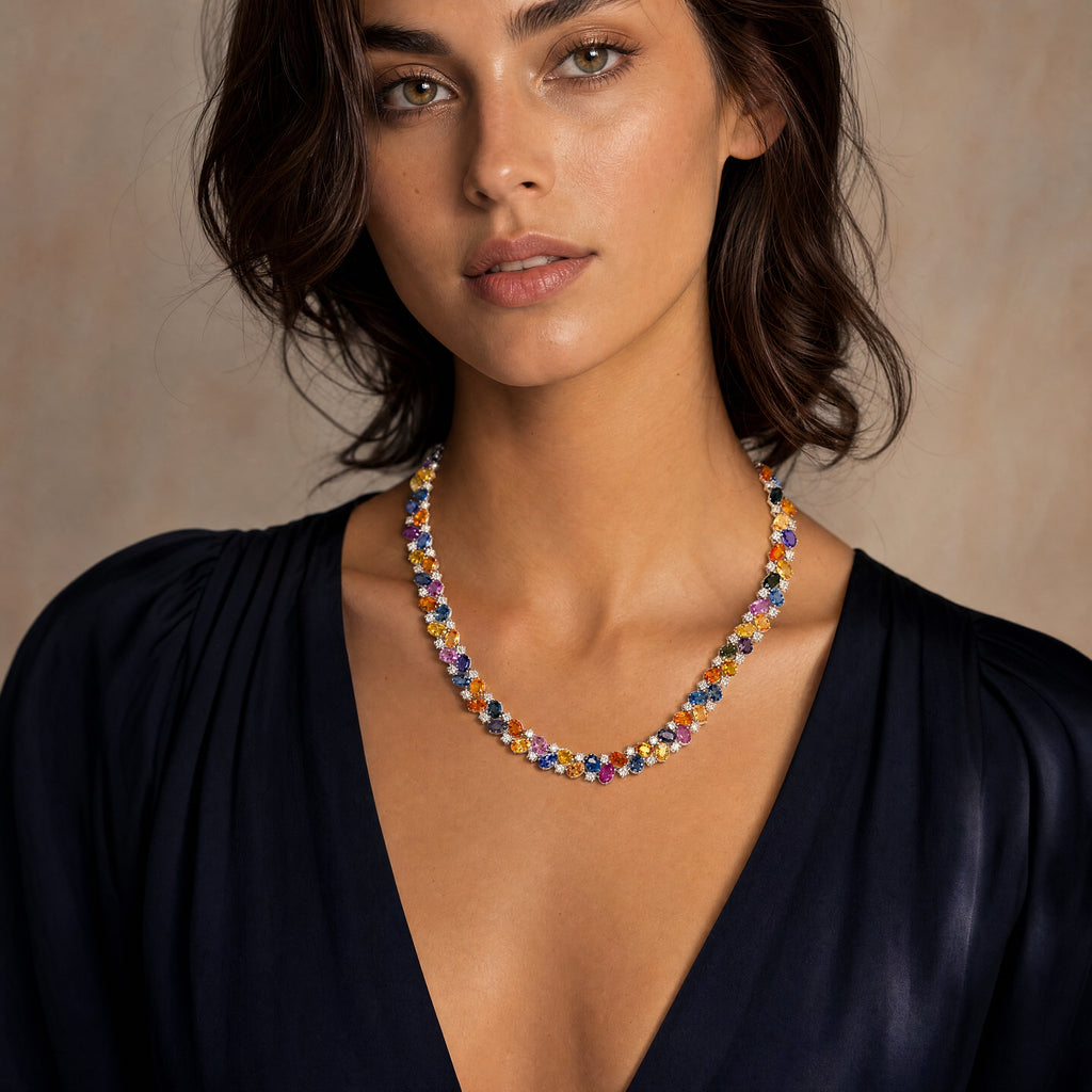 Roman+Jules White Gold Vivid Multi-Color Sapphire and Diamond Tennis Necklace in 14K White Gold - Image 2 of 5