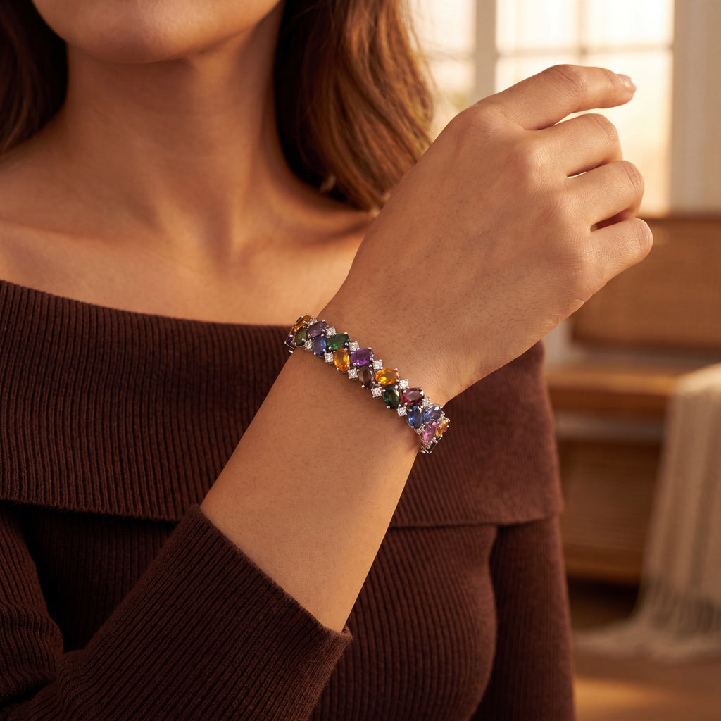 Roman+Jules White Gold Multi-Color Sapphire and Diamond Tennis Bracelet in 14K White Gold - Image 4 of 6