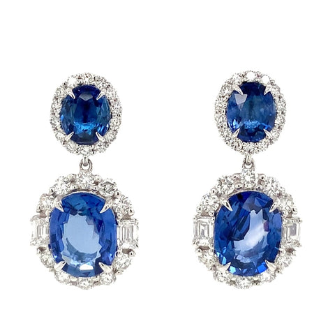Roman+Jules Gem Quality Blue Sapphire and Diamond Halo Drop Earring in Platinum - Image 1 of 9