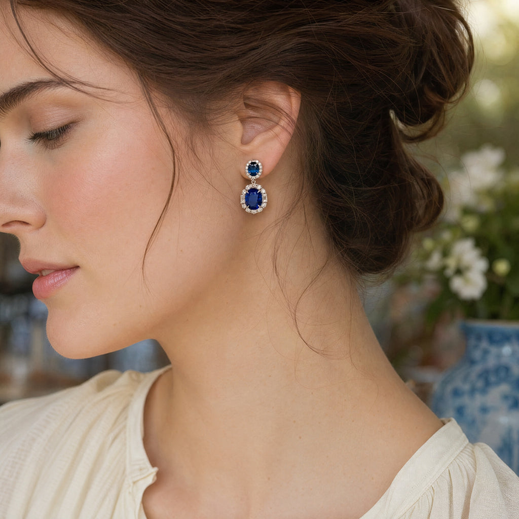 Roman+Jules Gem Quality Blue Sapphire and Diamond Halo Drop Earring in Platinum - Image 6 of 9