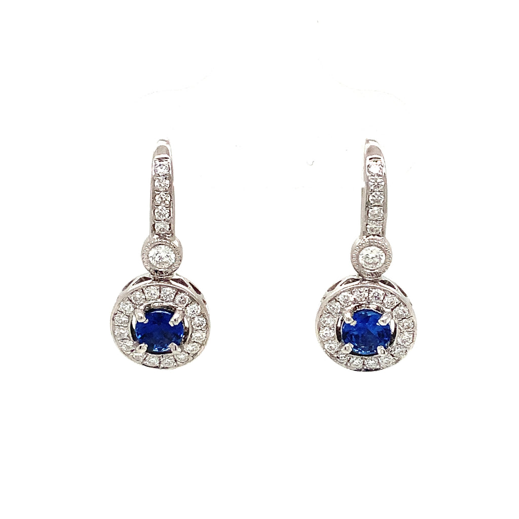 Blue Sapphire and Diamond Halo Leverback  Drop Earrings 14K White Gold - Image 2 of 8