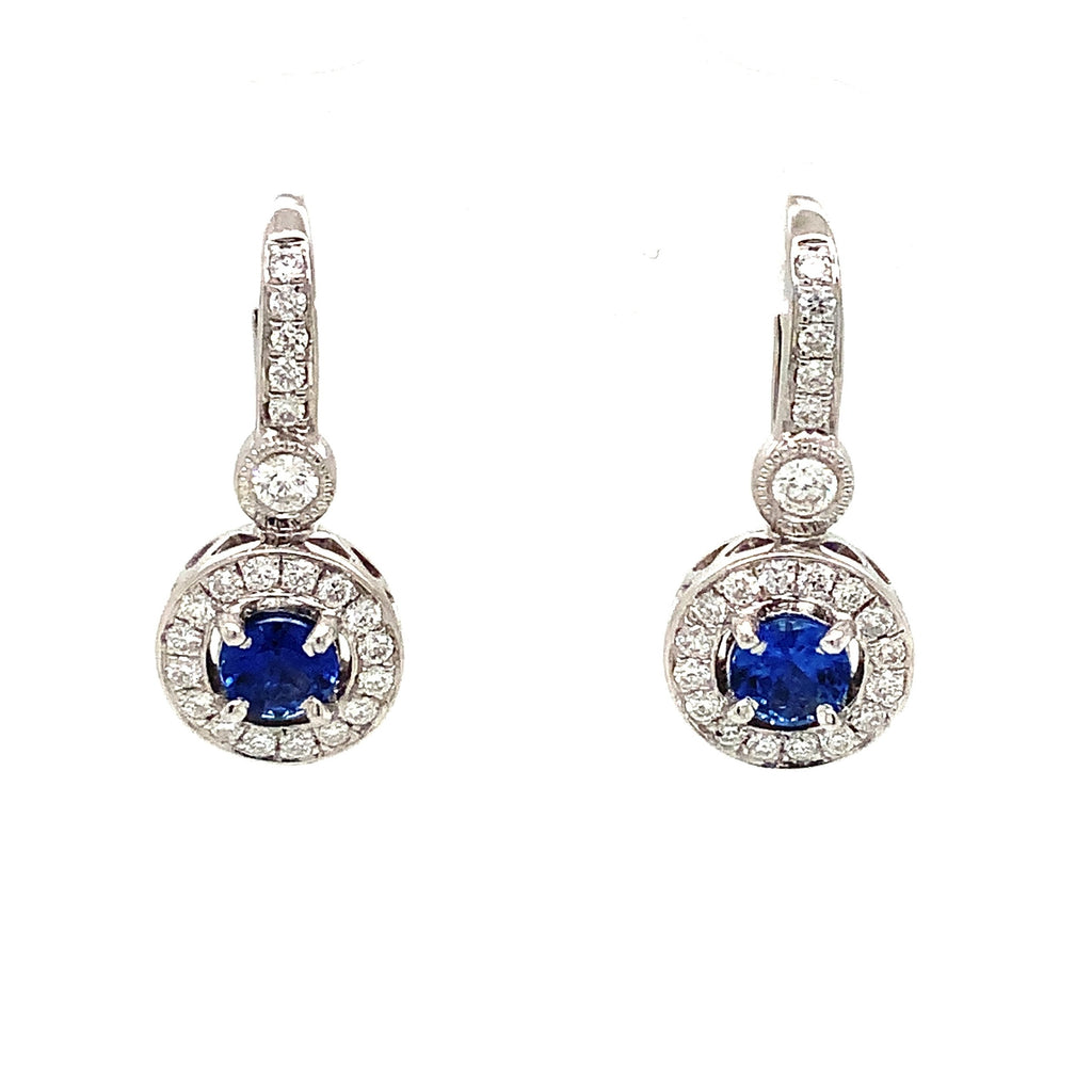 Blue Sapphire and Diamond Halo Leverback  Drop Earrings 14K White Gold - Image 1 of 8