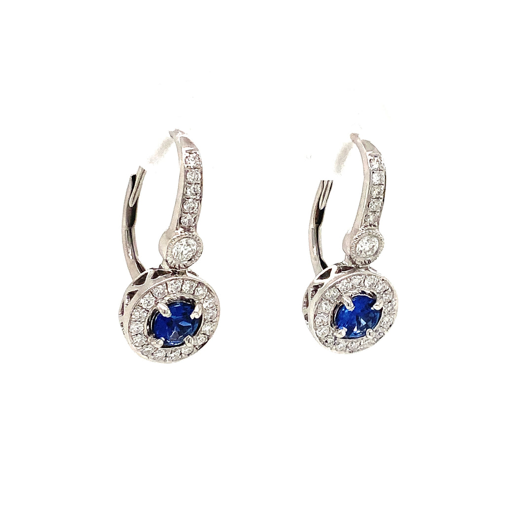 Blue Sapphire and Diamond Halo Leverback  Drop Earrings 14K White Gold - Image 3 of 8