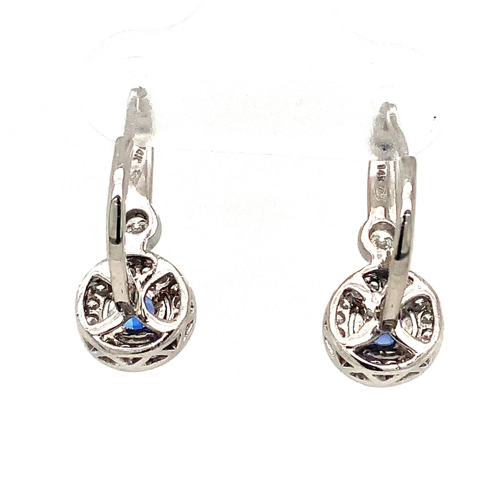 Blue Sapphire and Diamond Halo Leverback  Drop Earrings 14K White Gold - Image 5 of 8