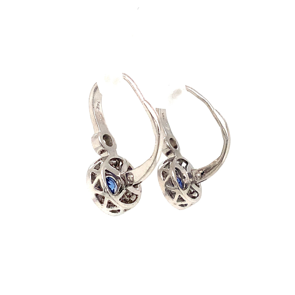 Blue Sapphire and Diamond Halo Leverback  Drop Earrings 14K White Gold - Image 6 of 8