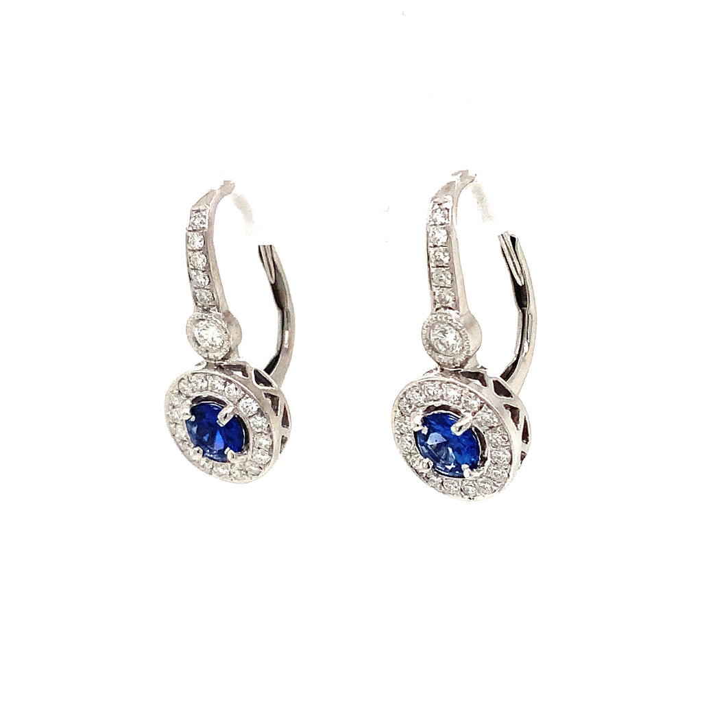 Blue Sapphire and Diamond Halo Leverback  Drop Earrings 14K White Gold - Image 8 of 8