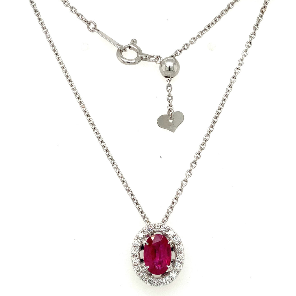 Roman+Jules Burmese Oval Ruby and Diamond Halo Pendant and Chain fashioned in 18 kt White Gold. - Image 3 of 9