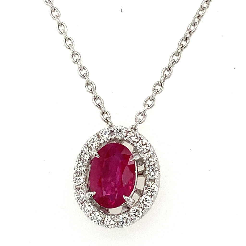 Roman+Jules Burmese Oval Ruby and Diamond Halo Pendant and Chain fashioned in 18 kt White Gold. - Image 2 of 9