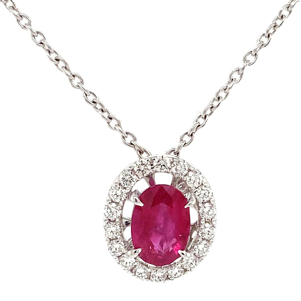 Roman+Jules Burmese Oval Ruby and Diamond Halo Pendant and Chain fashioned in 18 kt White Gold. - Image 1 of 9