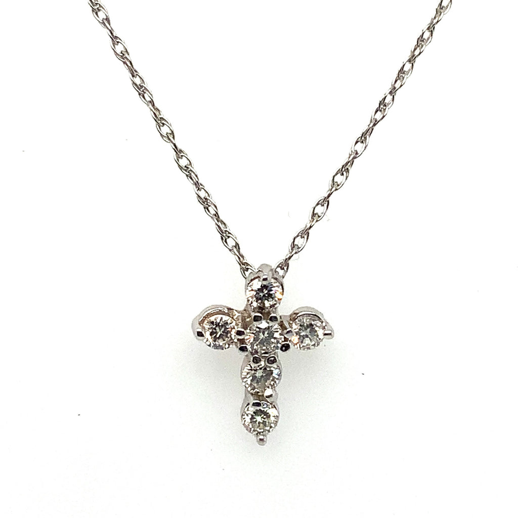 Diamond Cross Pendant 6  Brilliant Cut Round Shared Prong 14K White Gold 16 inch Chain - Image 1 of 2