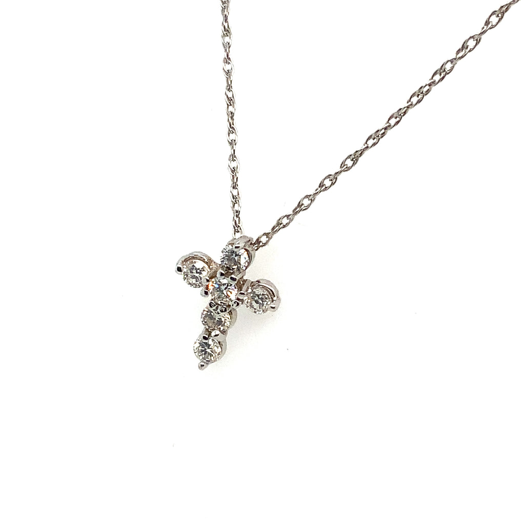 Diamond Cross Pendant 6  Brilliant Cut Round Shared Prong 14K White Gold 16 inch Chain - Image 2 of 2