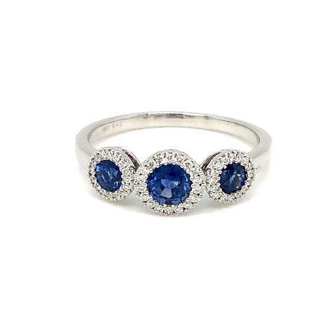 Roman+Jules Gem Quality Blue Sapphire and Diamond Halo style 3 Stone Ring Set in 14K White Gold - Image 1 of 6