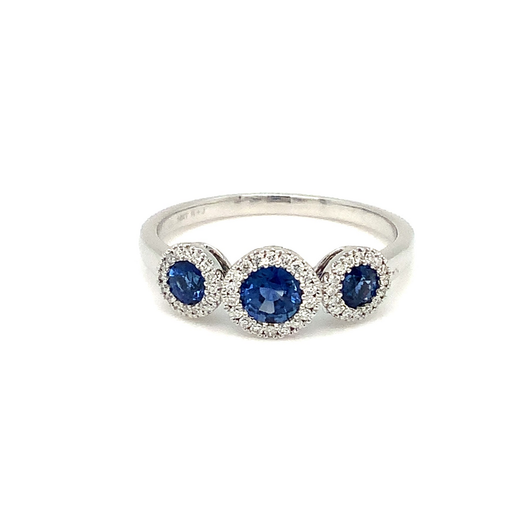 Roman+Jules Gem Quality Blue Sapphire and Diamond Halo style 3 Stone Ring Set in 14K White Gold - Image 2 of 6