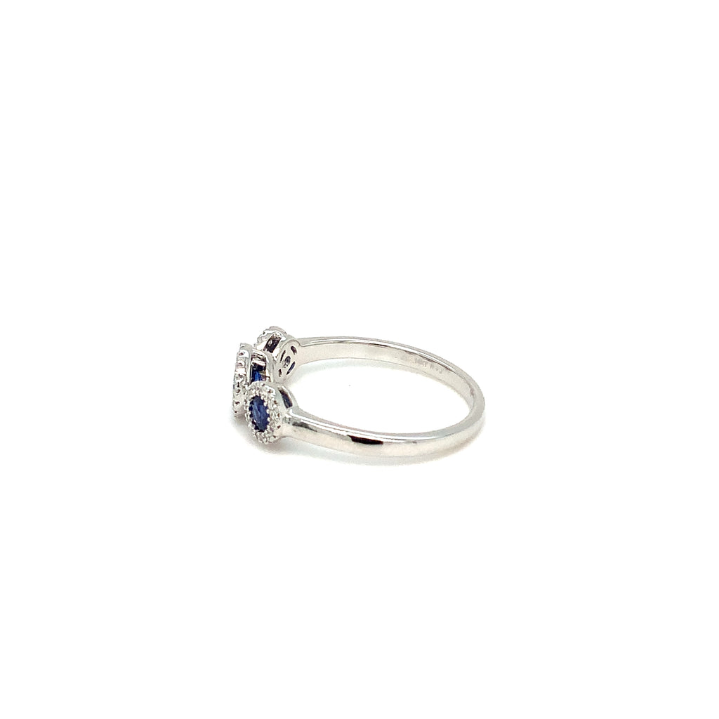 Roman+Jules Gem Quality Blue Sapphire and Diamond Halo style 3 Stone Ring Set in 14K White Gold - Image 4 of 6