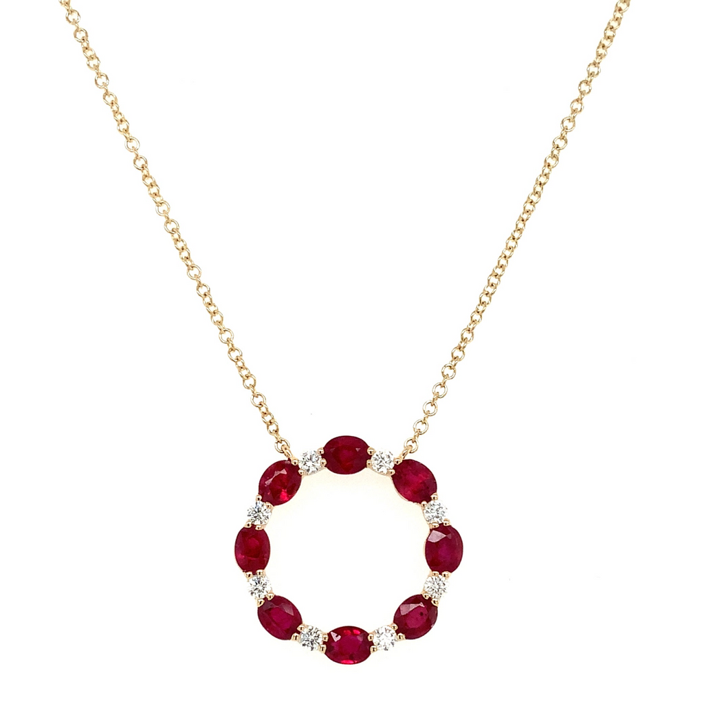 Roman+Jules Oval Shape Ruby and Diamond Circle Necklace set in 14K Yellow Gold - Image 1 of 9