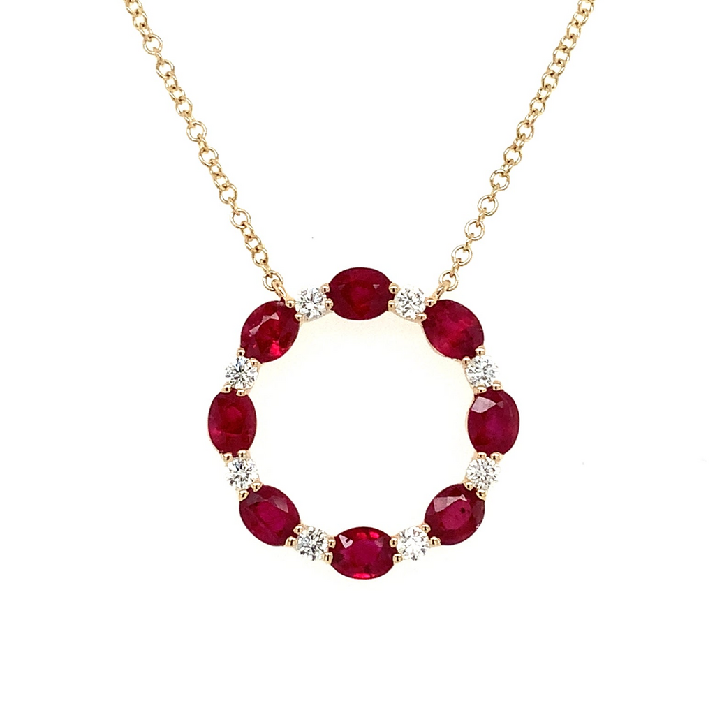 Roman+Jules Oval Shape Ruby and Diamond Circle Necklace set in 14K Yellow Gold - Image 2 of 9