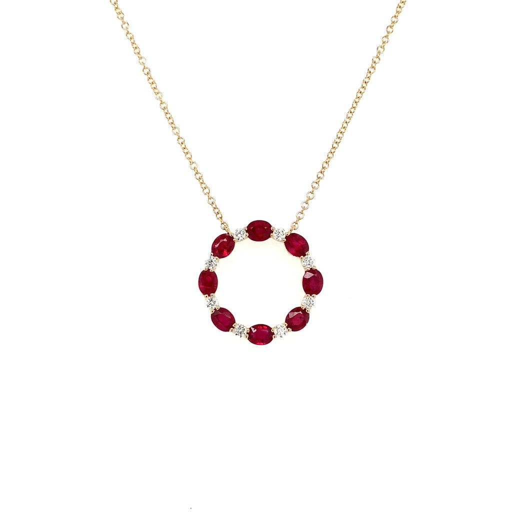 Roman+Jules Oval Shape Ruby and Diamond Circle Necklace set in 14K Yellow Gold - Image 3 of 9